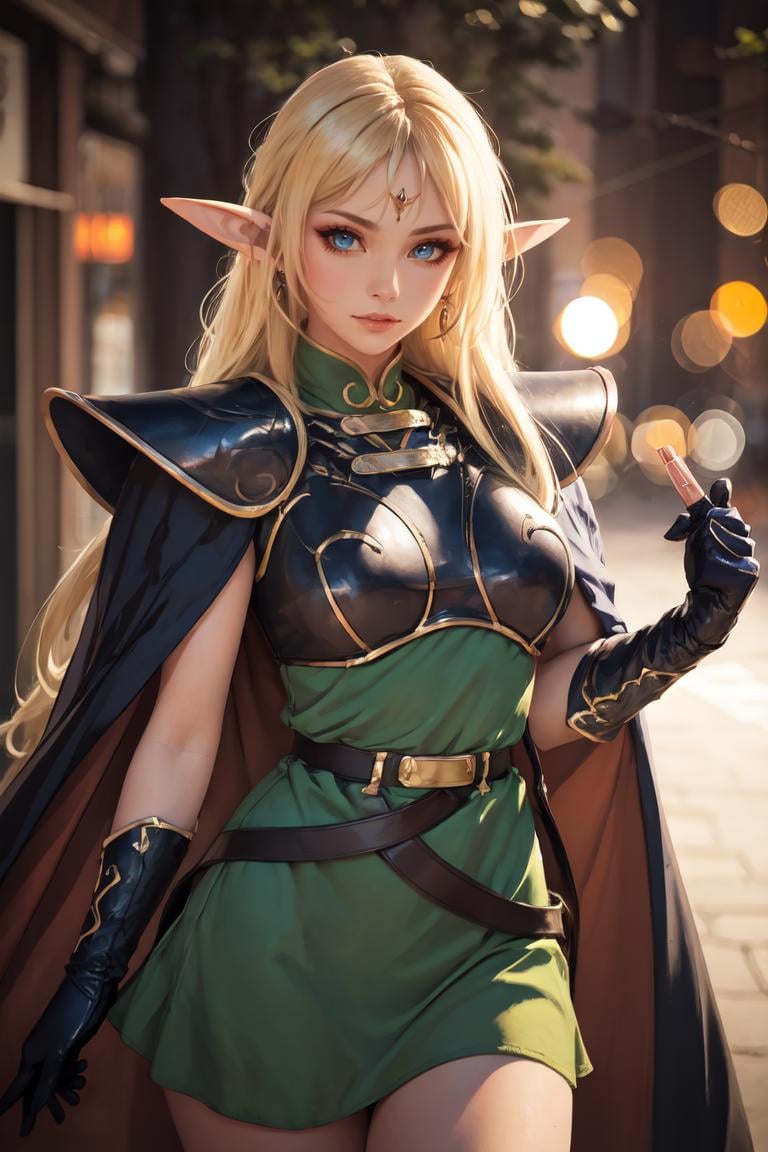 good anatomy, masterpiece, best quality, bokeh, depth of field, highres, high quality, 1girl,ANI_CLASSIC_deedlit_ownwaifu, www.ownwaifu.com,pointy ears, blonde hair, long hair, elf, circlet, green eyes, long pointy ears, very long hair, breasts, medium breasts, earrings, lips, makeup, bangs,cape, armor, blue cape, shoulder armor, pauldrons, gloves, breastplate, belt, green dress, short dress,<lora:ANI_CLASSIC_deedlit_ownwaifu-15:0.8>,