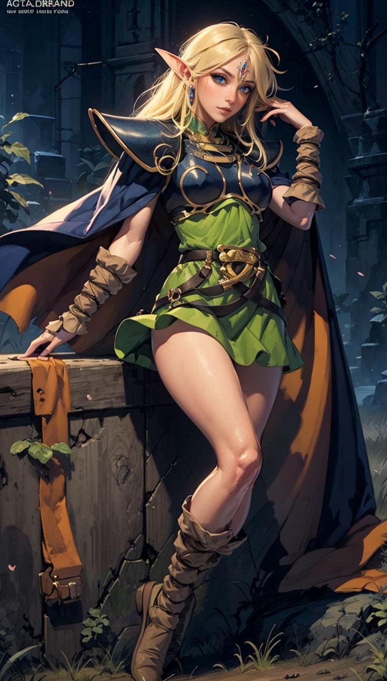 <lora:ANI_CLASSIC_deedlit_ownwaifu-15:1> (best quality, masterpiece, colorful, dynamic angle, highest detailed)ANI_CLASSIC_deedlit_ownwaifu, www.ownwaifu.com,pointy ears, blonde hair, long hair, elf, circlet, green eyes, long pointy ears, very long hair, breasts, medium breasts, earrings, lips, makeup, bangs,cape, armor, blue cape, shoulder armor, pauldrons, gloves, breastplate, belt, green dress, short dress,(high resolution textures), (intricate details, hyperdetailed:1.15), detailed, (official art, extreme detailed, highest detailed),