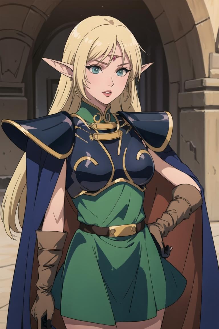 good anatomy, masterpiece, best quality, 4k, 8k, professional photography, soft light, sharp focus,1girl, anime coloring, ANI_CLASSIC_deedlit_ownwaifu, www.ownwaifu.com,pointy ears, blonde hair, long hair, elf, circlet, green eyes, long pointy ears, very long hair, breasts, medium breasts, earrings, lips, makeup, bangs,cape, armor, blue cape, shoulder armor, pauldrons, gloves, breastplate, belt, green dress, short dress,<lora:ANI_CLASSIC_deedlit_ownwaifu-15:0.8>,