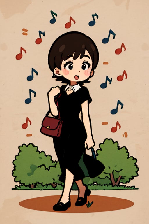 Draw an illustration of a woman in a black dress with a red purse walking happily with musical notes around her. The woman has short brown hair and is wearing a black dress with a white collar. She is carrying a red purse in her left hand. She is walking on a gray ground with musical notes around her. The background is white.