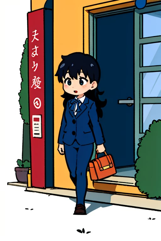 a cartoon girl walking with a red bag and a backpack, girl wearing uniform, girl in a suit, girl in suit, school girl, wearing school uniform, a woman walking, business woman, wearing a school uniform, school uniform, seifuku, by Ayako Rokkaku, by Oka Yasutomo, walking to work, itsuko azuma