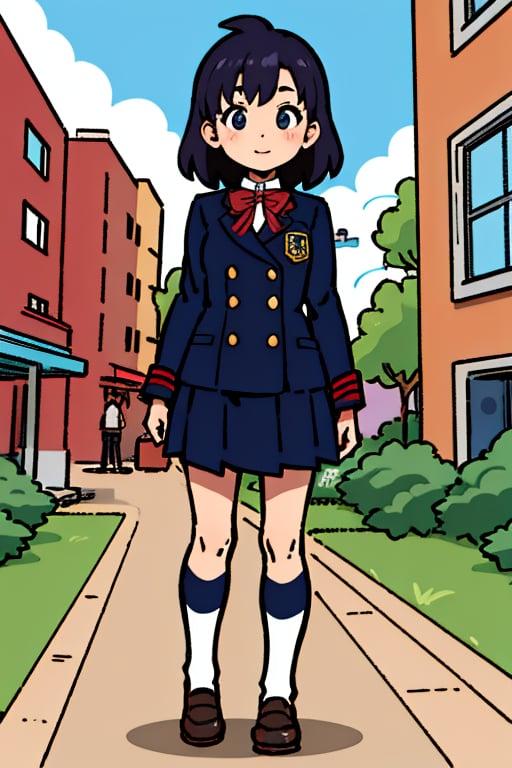 best quality, high resolution, a woman that is standing in front of a building, hyper-realistic schoolgirl, trending on pintrest, fine artstyle, in sunny weather, casually dressed, navy, full body and face and head, jk, e-girl, weeb, uniform, hyper-real, feminine female