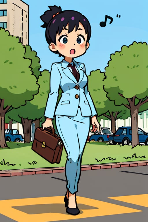a cartoon girl in a business suit with a briefcase and music notes, illustration], business woman, musician, walking to work with a briefcase, cute woman, けもの, woman in business suit, item, a woman walking, a woman, spontaneous, wearing a business suit, by Oka Yasutomo, by Un'ichi Hiratsuka