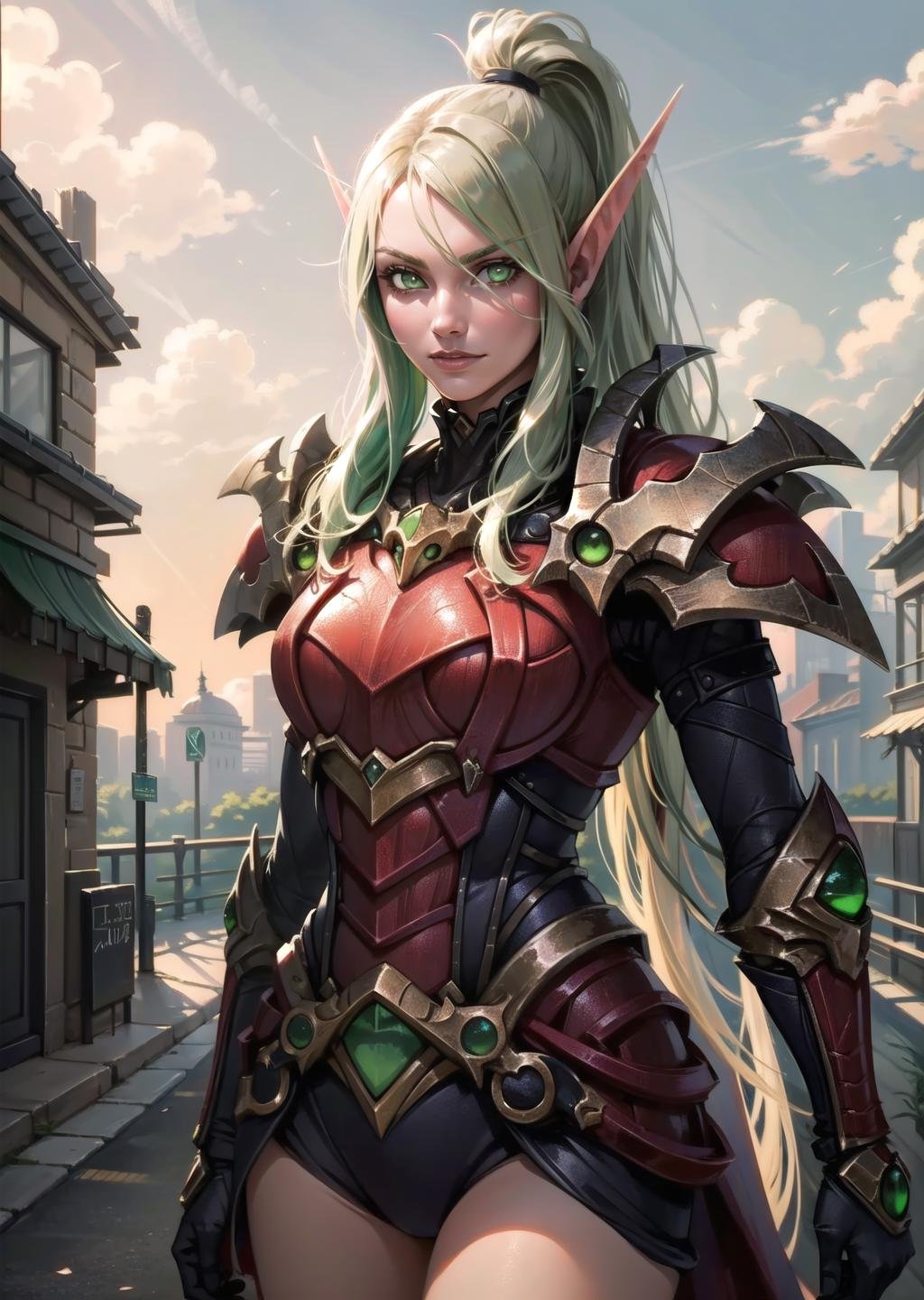 (1girl, light green hair long hair split ponytail, robot eyes, , evil) (digital) ( in detailed road, (armor)) , best quality, <lora:boldline:0.2>  <lora:hairdetailer:0.2> blonde hair, green eyes, armor, bloodelf, <lora:bloodelf:1>