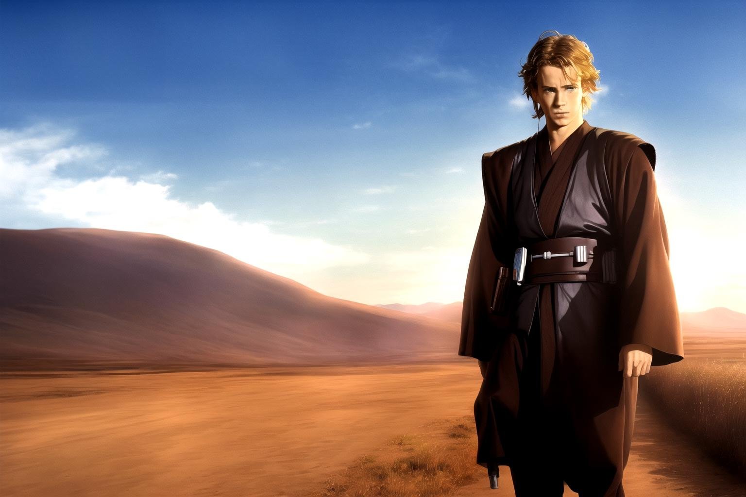 masterpiece, best quality,(anime), anakinskywalker, westerner,walking alone one the side of the road, sad<lora:anakin:1>