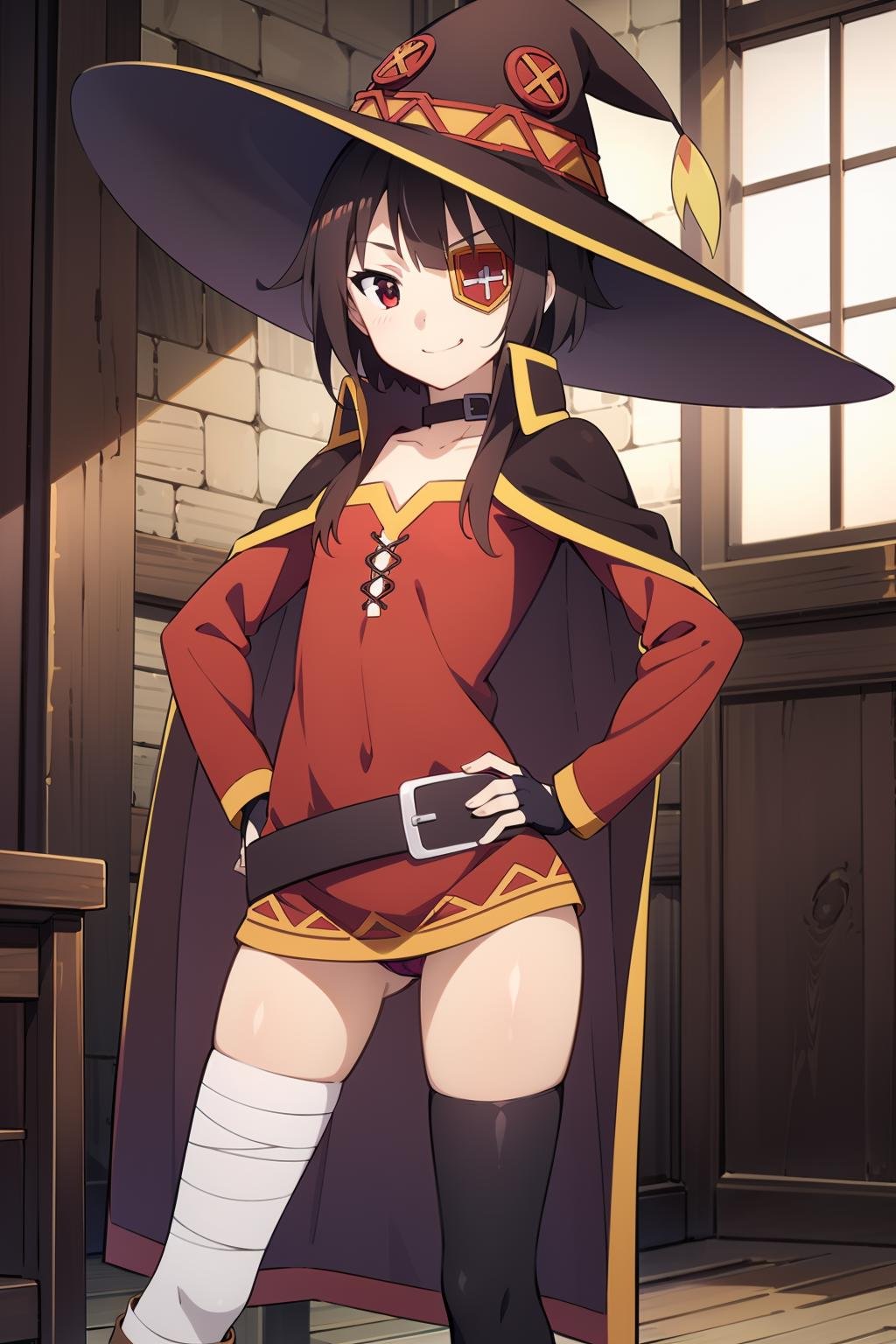 <lora:惠惠1V-000010:0.8>,惠惠,1girl,red eyes,short hair,brown hair,choker,collarbone,eyepatch,short hair with long locks,sidelocks,good hand,small breasts,smile,smug,witch hat,black cape,black thighhighs,bandages,red dress,black gloves,single thighhigh,belt,orange boots,asymmetrical legwear,bandaged leg,long sleeves,fingerless gloves,hands on hip,cowboy shot,low view,(panties:1.2),, (masterpiece:1,2), best quality, masterpiece, highres, original, extremely detailed wallpaper, perfect lighting,(extremely detailed CG:1.2),