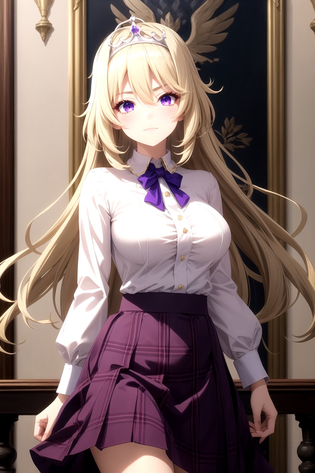 (masterpiece, best quality), karenhelvetius, 1girl, blonde hair, long hair, bangs, hair between eyes,  purple eyes, tiara, large breasts, (shirt:1.2, skirt), looking at viewer, <lora:KarenHv1:0.8>