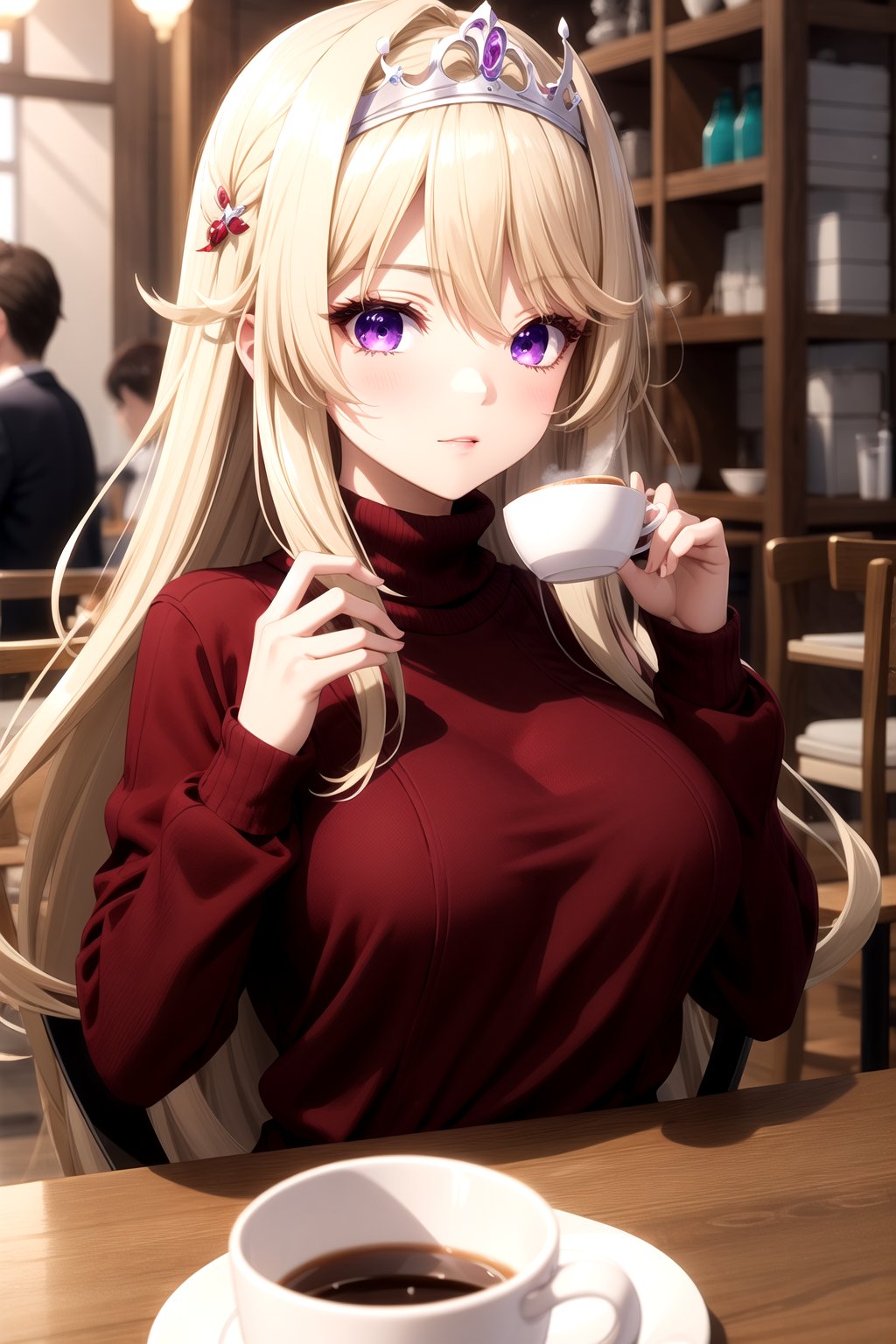 (masterpiece, best quality), karenhelvetius, 1girl, blonde hair, long hair, bangs, hair between eyes, hair ornament, purple eyes, tiara, large breasts, sweater, cafe, <lora:KarenHv1:0.8>