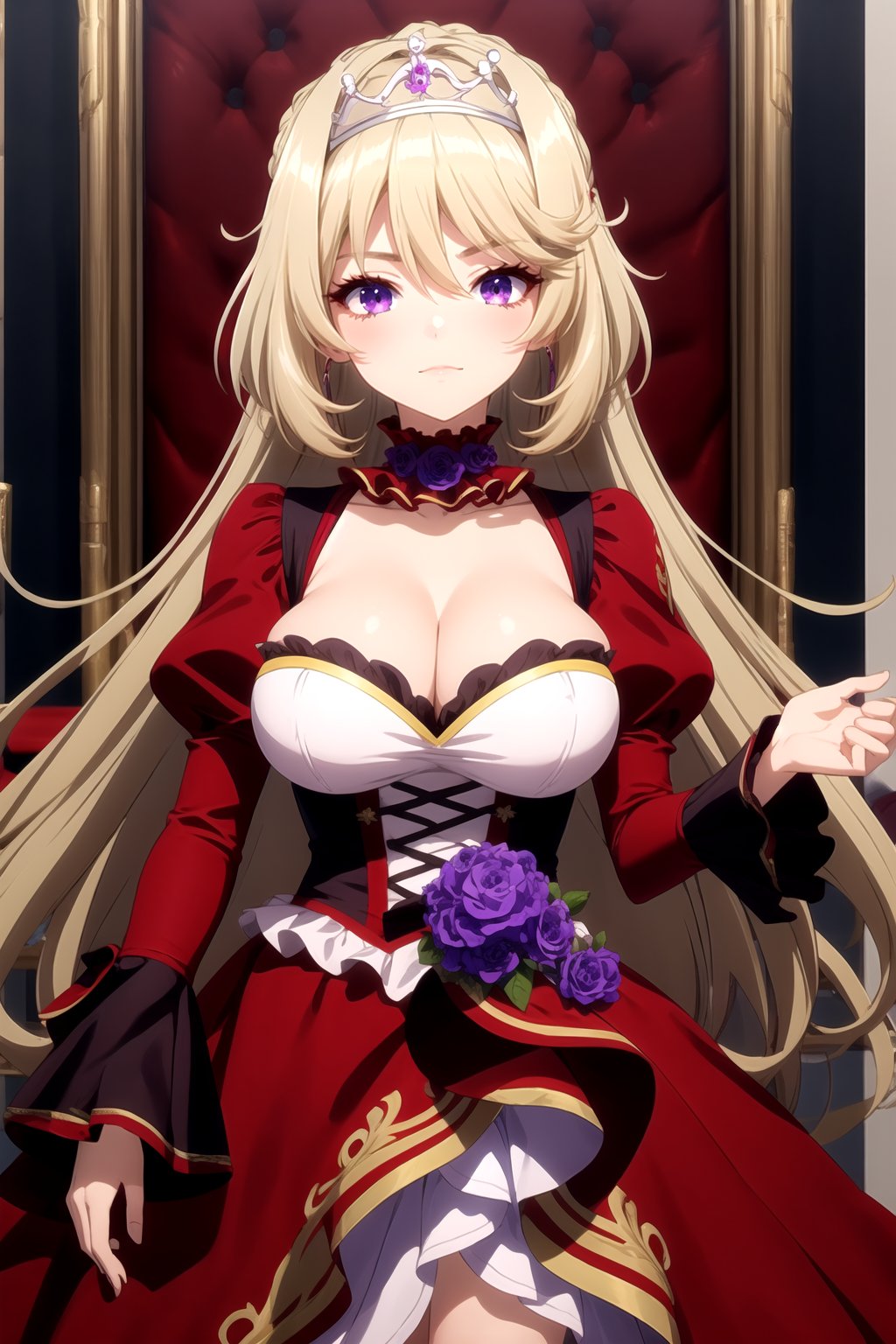 (masterpiece, best quality), karenhelvetius, 1girl, blonde hair, long hair, bangs, hair between eyes, purple eyes, tiara, large breasts, cleavage, flower, frills, choker, flower choker, frilled choker, red dress, frilled dress, puffy sleeves, purple flower, looking at viewer, <lora:KarenHv1:0.8>