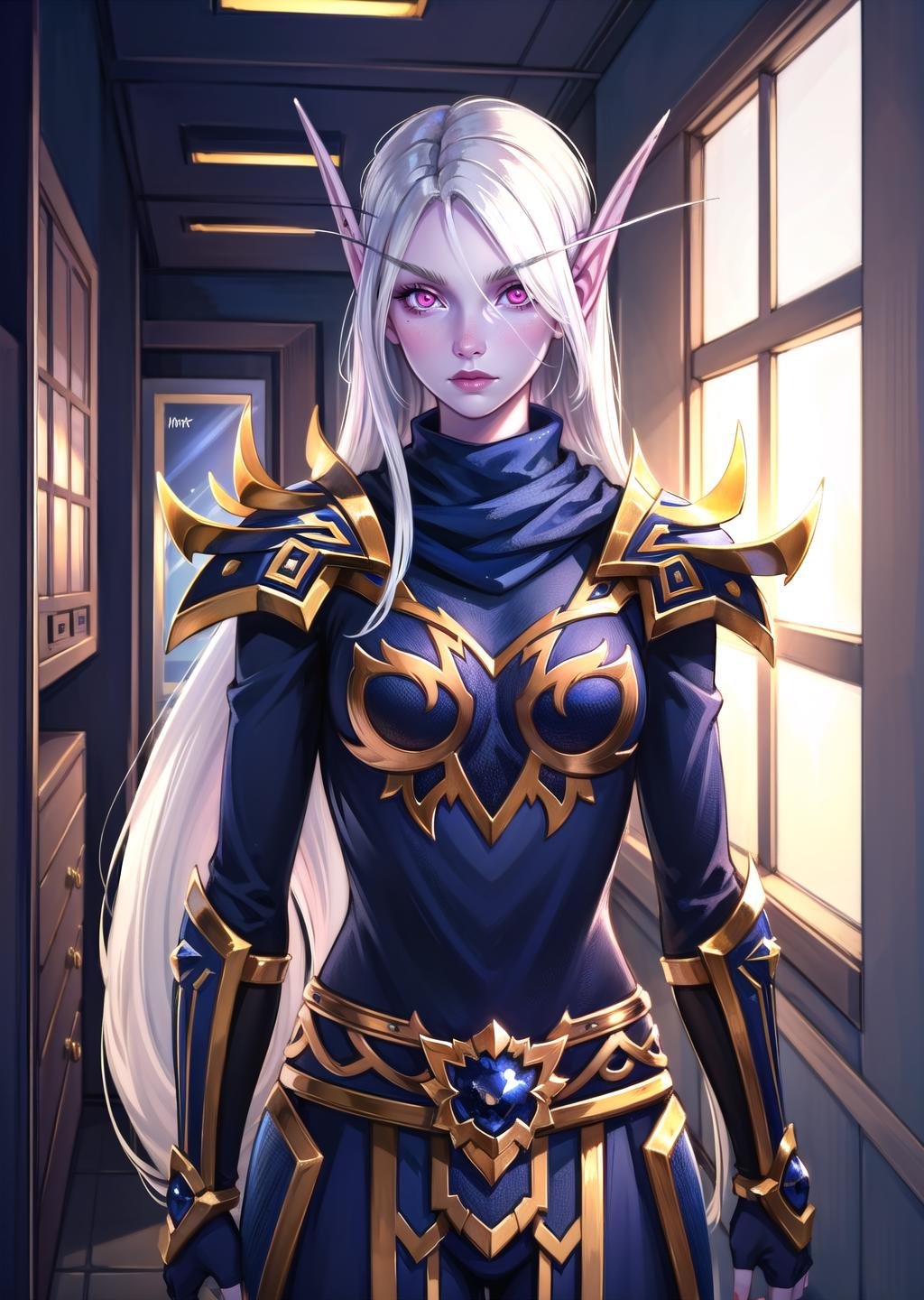 (1girl, pointy ears, colored skin, glowing, white hair absurdly long hair multi-tied hair, glowing eyes, , tired) (digital) (standing in detailed fitting room, (armor)) , best quality, <lora:boldline:0.2>  <lora:hairdetailer:0.2> voidelf, <lora:voidelf:1>