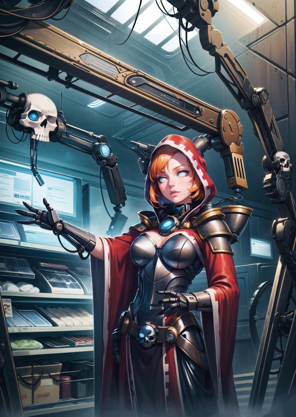 (1girl, orange hair very short hair flipped hair, rainbow eyes, <lora:eye-allsclera:1>, determined) (digital) ( resting in detailed supermarket, (skull, tube, robot, science fiction, extra arms, hood, robe, glowing eyes, mechanical arms, steampunk, armor)) , best quality, <lora:boldline:0.2>  <lora:hairdetailer:0.2> techpriest <lora:techpriest:1>