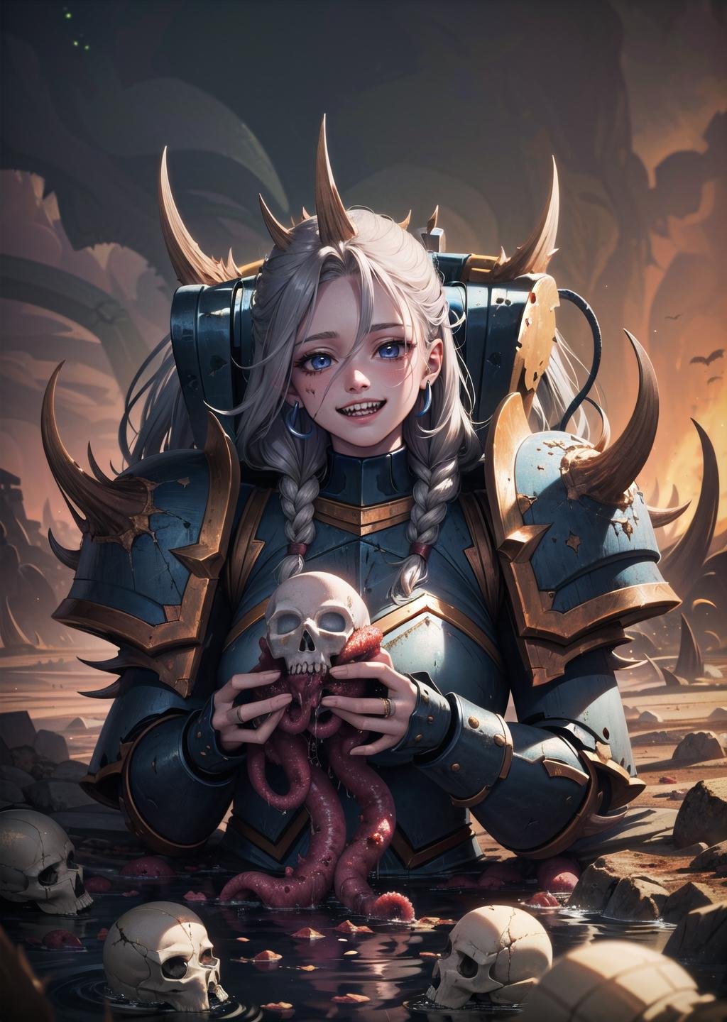 (1girl, grey hair very long hair quad braids, blue eyes, , crazy smile) (digital) ( lying in detailed dirt road (glowing, skull, armor, spikes, teeth, monster, dirty, tentacles, pus, pimples, crack)) , best quality, <lora:boldline:0.2>,  <lora:hairdetailer:0.2> truenurgle, <lora:truenurgle:1> horror /(theme/)