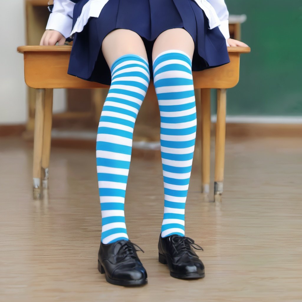 1girl,full_body,detailed_face,school_uniform.tiaowen,striped_thighhighs,solo,legs_up,