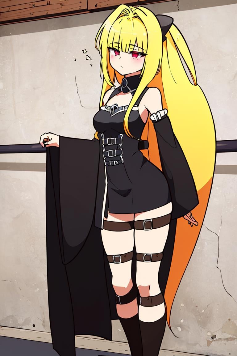 <lora:Diives_Style:1>, ((masterpiece,best quality)), absurdres, (finely detailed beautiful eyes: 1.2), phyami, yaminor, 1girl, solo, blonde hair, long hair,  red eyes, thigh strap, very long hair, detached sleeves, black dress,  <lora:yami-v1:1.0>,contrapposto