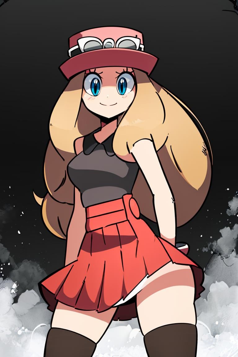 <lora:Diives_Style:1>, ((masterpiece,best quality)), absurdres,  <lora:serena_v1:0.7>,  serena \(pokemon\), 1girl, long hair, blue eyes,  thighhighs, long hair, hat, jewelry, bracelet, black thighhighs, collared shirt, pleated skirt, red skirt, sleeveless, high-waist skirt, sleeveless shirt, eyelashes, pink headwear, black shirt, eyewear on headwear, solo, smiling, looking at viewer, cowboy shot,  cinematic composition, contrapposto, 