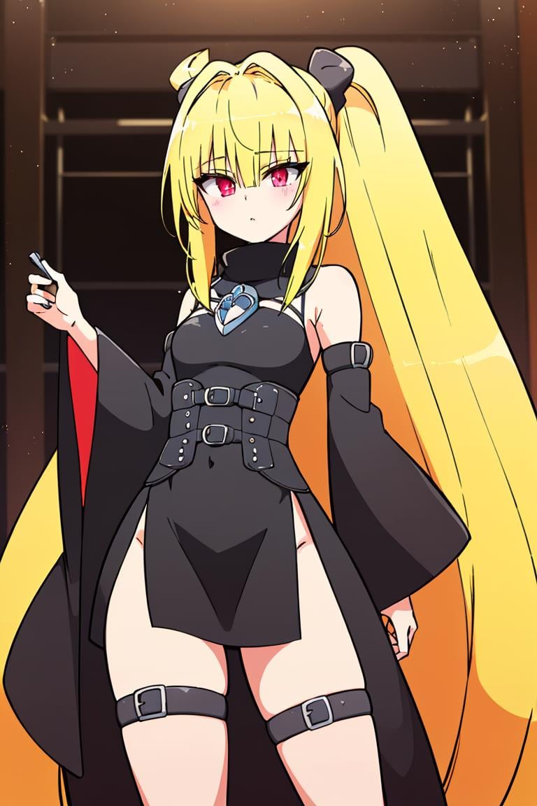 <lora:Diives_Style:0.8>, ((masterpiece,best quality)), absurdres, (finely detailed beautiful eyes: 1.2), phyami, yaminor, 1girl, solo, blonde hair, long hair,  red eyes, thigh strap, very long hair, detached sleeves, black dress,  <lora:yami-v1:1.0>,contrapposto