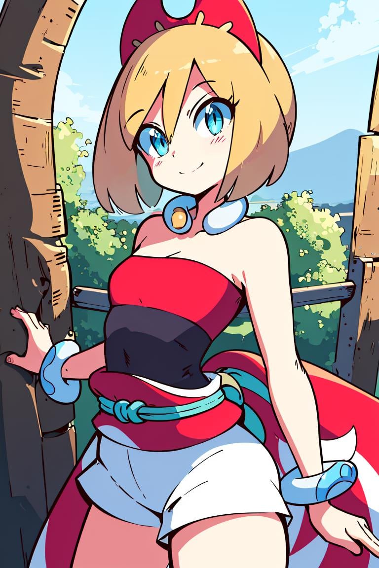 <lora:Diives_Style:1>, ((masterpiece,best quality)), absurdres,  <lora:irida_(pokemon)_v1:0.7>, aairida, short hair, red hairband, neck ring, collar, strapless shirt, red shirt, bracelet, sash, waist cape, white shorts, bare legs, solo, smiling, looking at viewer, cowboy shot,  cinematic composition, contrapposto,