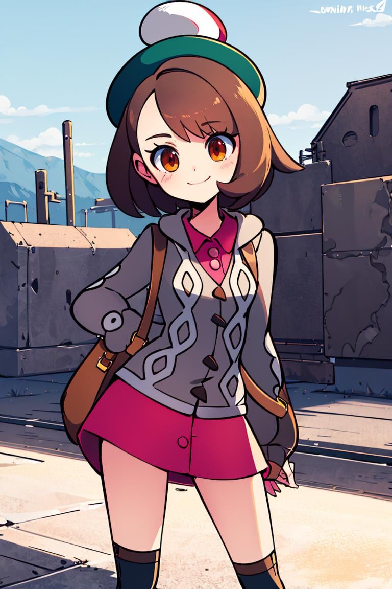 <lora:Diives_Style:0.8>, ((masterpiece,best quality)), absurdres,  <lora:gloria_(pokemon)_v1:0.7>,  gloria \(pokemon\), brown hair, solo, backpack, brown eyes, tam o' shanter, grey cardigan, pink dress, short hair, green socks, socks, brown bag, bob cut, bangs, long sleeves, collared dress,  solo, smiling, looking at viewer, cowboy shot,  cinematic composition, contrapposto, 