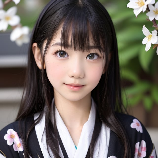 A stunning portrait of an 8-year-old Japanese girl, radiating beauty and innocence. She has long, flowing black hair, large, expressive dark eyes, and a delicate, heart-shaped face. She is wearing a traditional Japanese kimono, adorned with intricate patterns and vibrant colors. The background is a serene Japanese garden with cherry blossoms in full bloom. Highly detailed, masterpiece, 8K resolution.