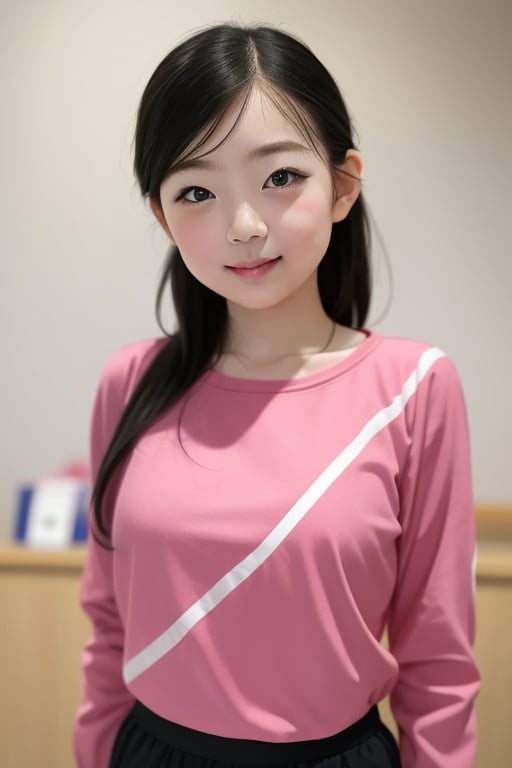 Generate a masterpiece of a beautiful 6-year-old Japanese girl in a kindergarten. It's a full-body portrait, with her standing with a slight smile. She is wearing long pants and a cute off-the-shoulder knit sweatshirt. She has long, black hair, a symmetrical face, realistic features, big bright eyes with double eyelids, an innocent and curious expression. The lighting is soft and natural, against a gray background. She is semi-backlit. Age 6.