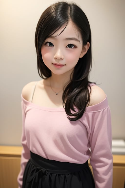 Generate a masterpiece of a beautiful 6-year-old Japanese girl in a kindergarten. It's a full-body portrait, with her standing with a slight smile. She is wearing long pants and a cute off-the-shoulder knit sweatshirt. She has long, black hair, a symmetrical face, realistic features, big bright eyes with double eyelids, an innocent and curious expression. The lighting is soft and natural, against a gray background. She is semi-backlit. Age 6.