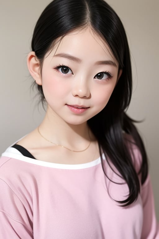 Generate a masterpiece of a beautiful 6-year-old Japanese girl in a kindergarten. It's a full-body portrait, with her standing with a slight smile. She is wearing long pants and a cute off-the-shoulder knit sweatshirt. She has long, black hair, a symmetrical face, realistic features, big bright eyes with double eyelids, an innocent and curious expression. The lighting is soft and natural, against a gray background. She is semi-backlit. Age 6.