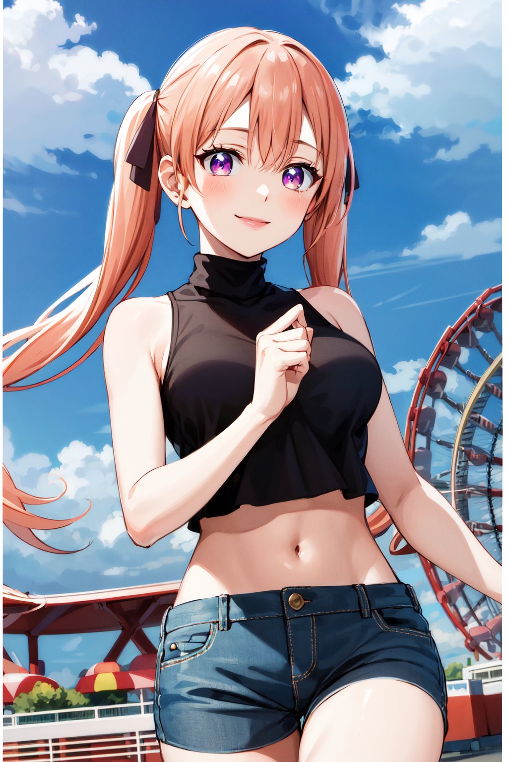 masterpiece, best quality, highres, aaerika, long hair, twintails, hair ribbon, <lora:amano_erika_v1:0.7>, turtleneck, shirt, midriff, short, smile, amusement park, 