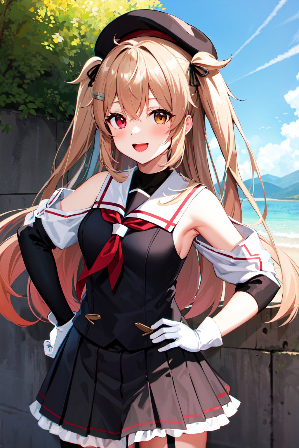 masterpiece, best quality, highres, bbmurasa, long hair, two side up, hair flaps, hairclip, hat, black headwear, heterochromia, red eyes, brown eyes, white sailor collar, red neckerchief, black shirt, detached sleeves, white gloves, black skirt, garter straps, <lora:murasame_v1:0.7>, smile, outdoors, hand on hip, open mouth, cowboy shot, 