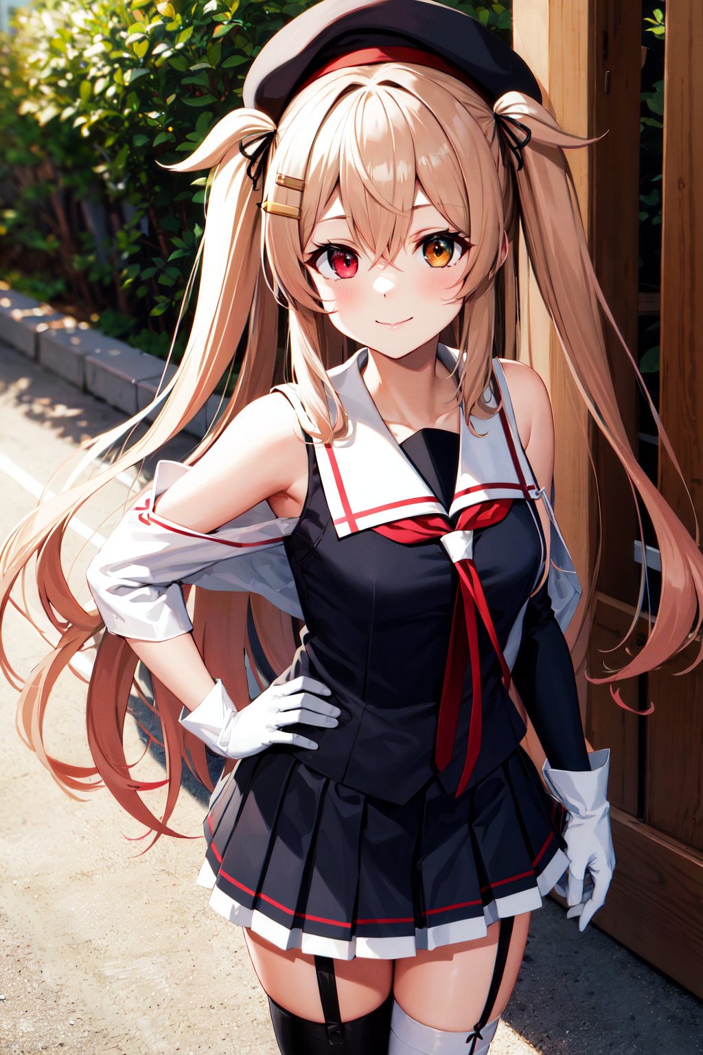 masterpiece, best quality, highres, bbmurasa, long hair, two side up, hair flaps, hairclip, hat, black headwear, heterochromia, red eyes, brown eyes, white sailor collar, red neckerchief, black shirt, detached sleeves, white gloves, black skirt, garter straps, <lora:murasame_v1:0.7>, smile, cowboy shot, standing, outdoors,