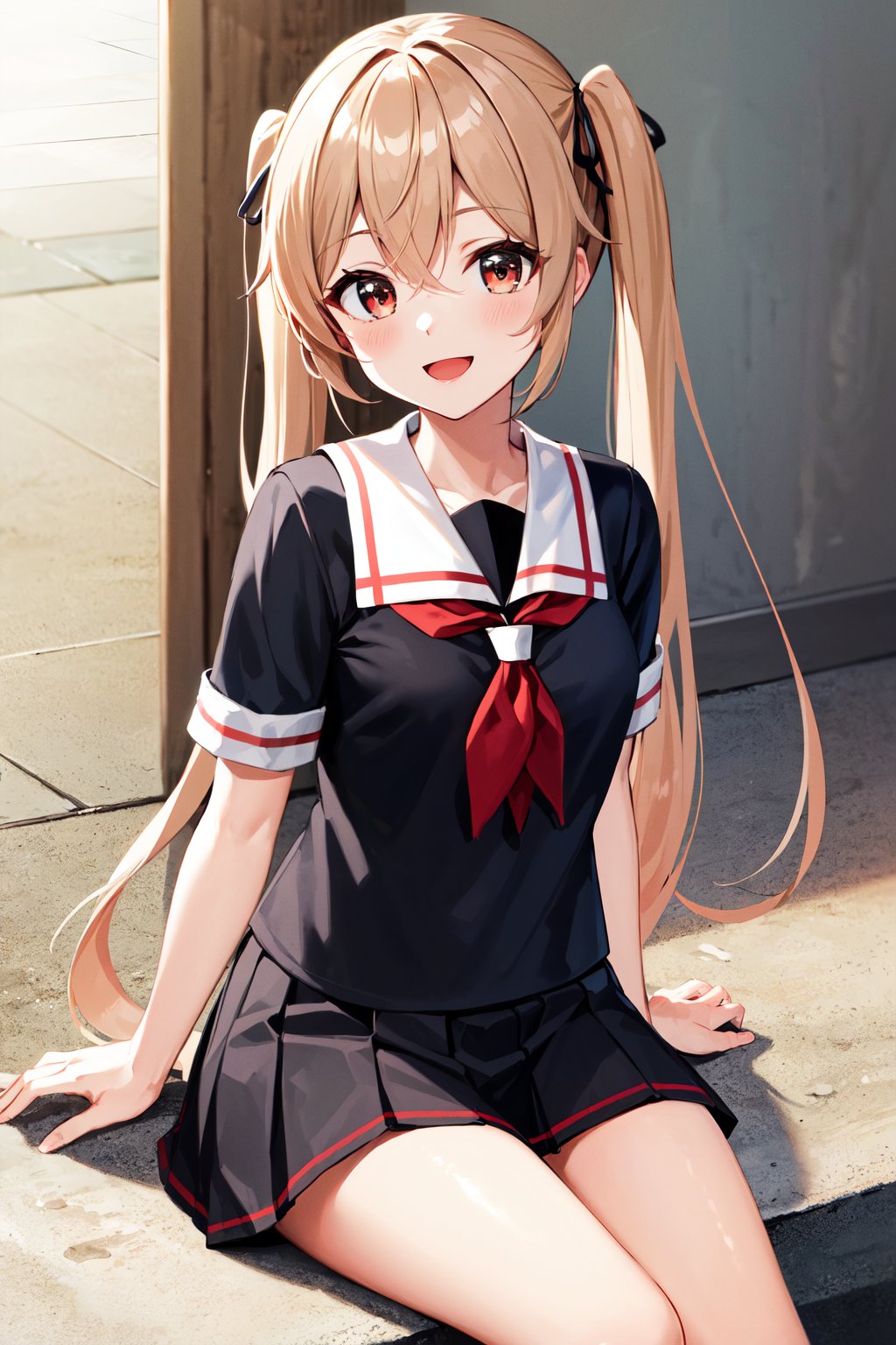 masterpiece, best quality, highres, aamurasa, long hair, twintails, school uniform, white sailor collar, red neckerchief, sailor shirt, black shirt, short sleeves, black skirt, pleated skirt, <lora:murasame_v1:0.7>, cowboy shot, sitting, smile open mouth,