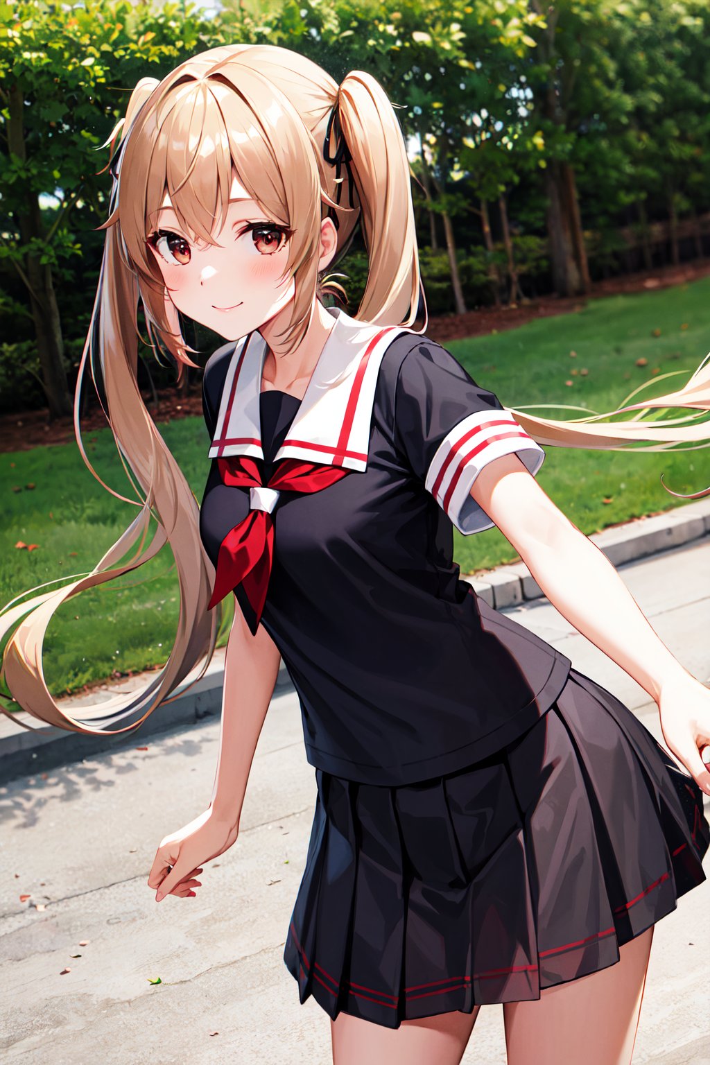 masterpiece, best quality, highres, aamurasa, long hair, twintails, school uniform, white sailor collar, red neckerchief, sailor shirt, black shirt, short sleeves, black skirt, pleated skirt, <lora:murasame_v1:0.7>, cowboy shot, standing smile, outdoors, straight-on,