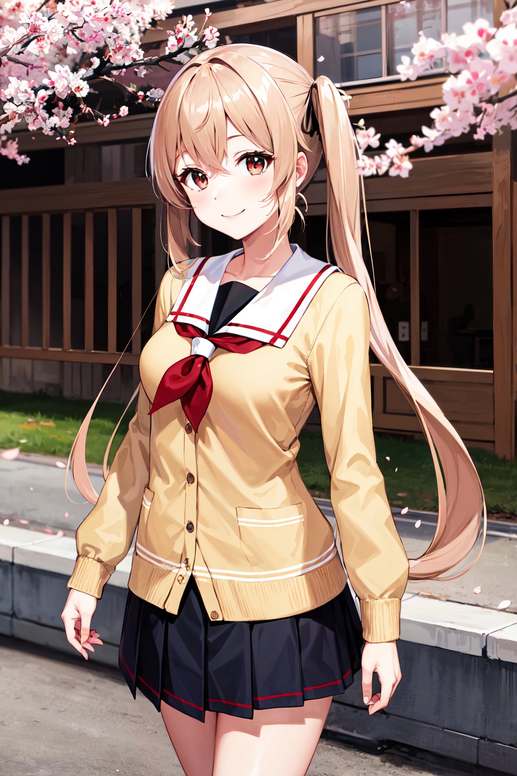 masterpiece, best quality, highres, aamurasa, long hair, twintails, school uniform, white sailor collar, red neckerchief, yellow cardigan, long sleeves, black skirt, pleated skirt, <lora:murasame_v1:0.7>, outdoors, cherry blossoms, standing, cowboy shot, smile