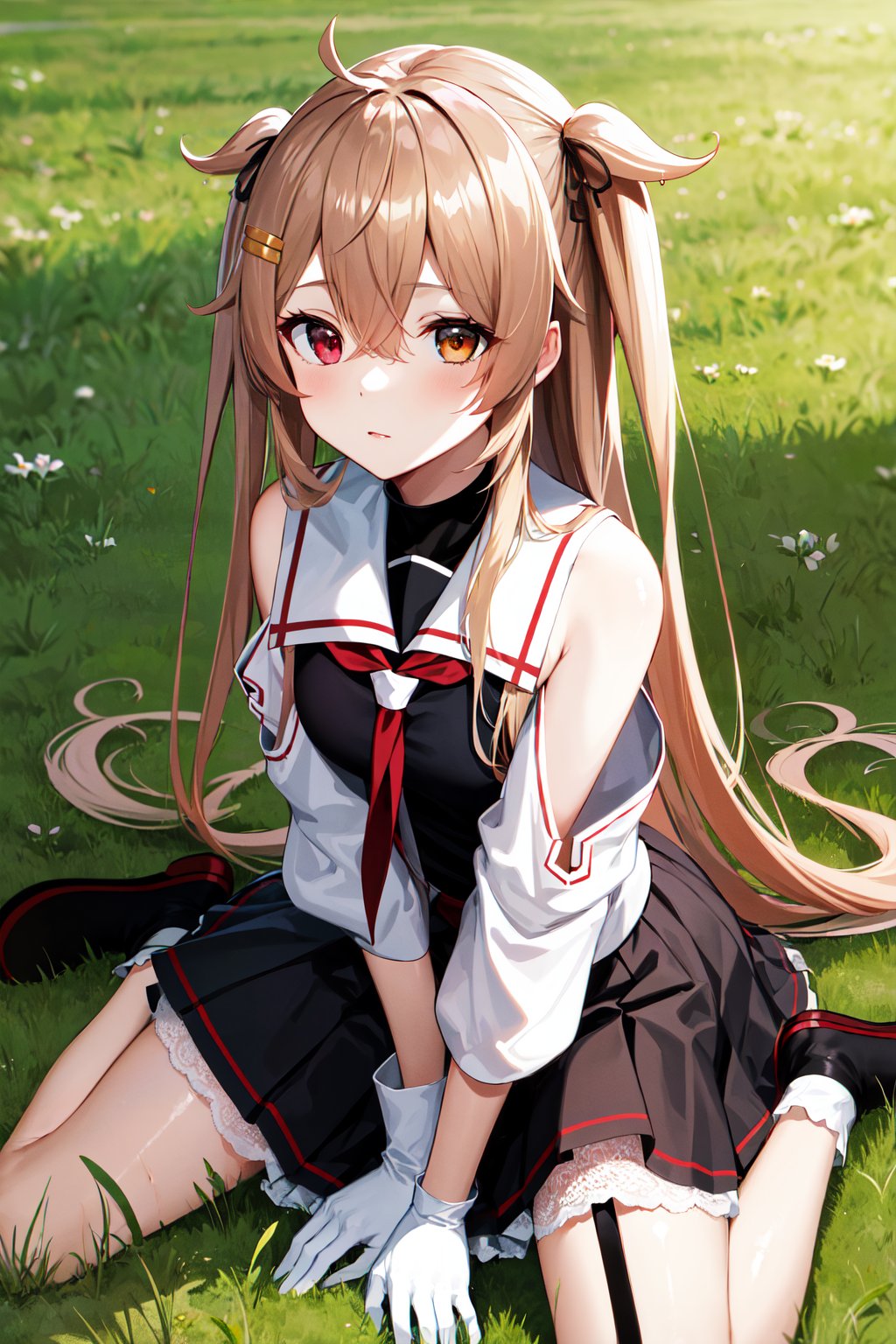 masterpiece, best quality, highres, bbmurasa, long hair, two side up, hair flaps, hairclip, heterochromia, red eyes, brown eyes, white sailor collar, red neckerchief, black shirt, detached sleeves, white gloves, black skirt, garter straps, <lora:murasame_v1:0.7>, grass, field, wariza