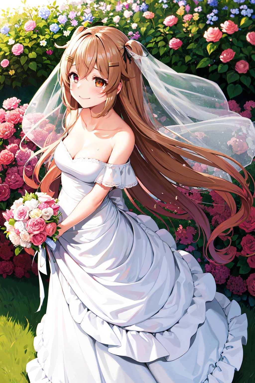 masterpiece, best quality, highres, bbmurasa, long hair, two side up, hair flaps, hairclip, heterochromia, red eyes, brown eyes, <lora:murasame_v1:0.7>,off shoulder, collarbone, wedding dress, bouquet, garden, smile, tears, standing