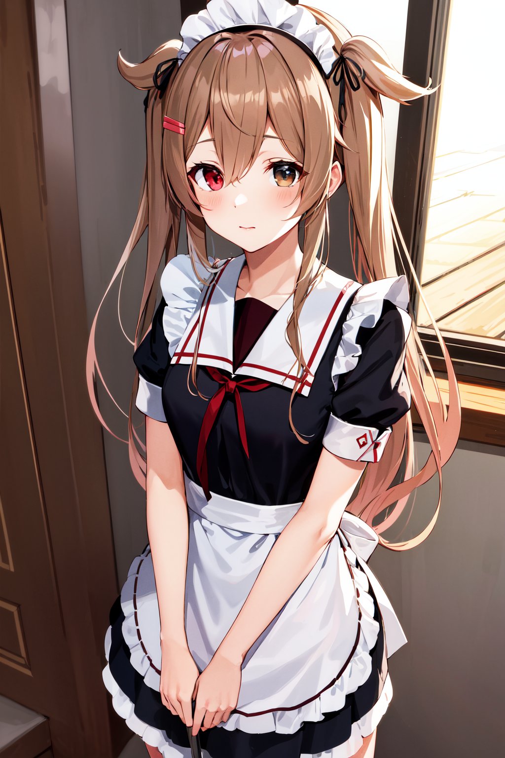 masterpiece, best quality, highres, bbmurasa, long hair, two side up, hair flaps, hairclip, heterochromia, red eyes, brown eyes, <lora:murasame_v1:0.7>, maid headdress, maid, apron, standing