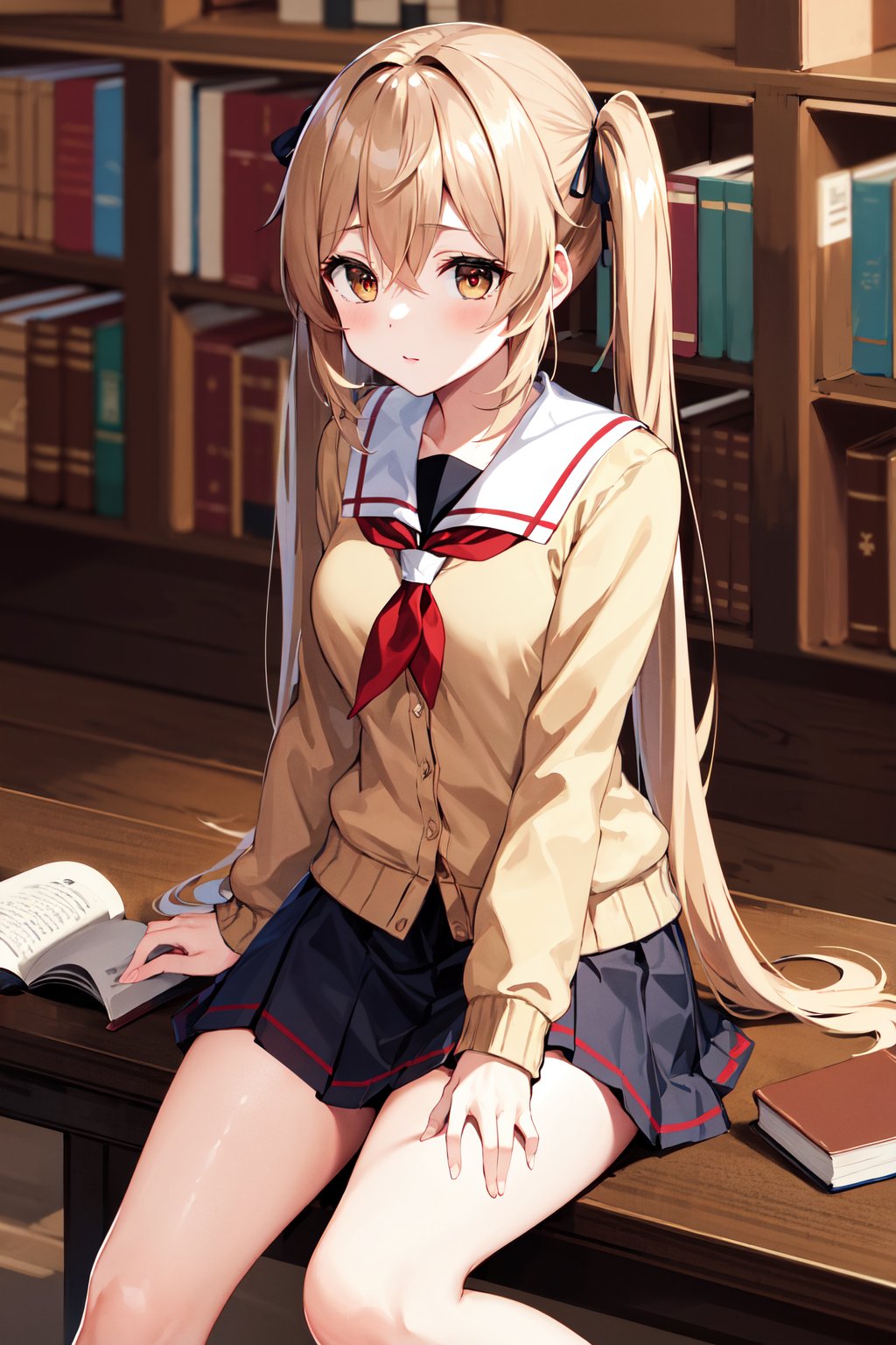 masterpiece, best quality, highres, aamurasa, long hair, twintails, school uniform, white sailor collar, red neckerchief, yellow cardigan, long sleeves, black skirt, pleated skirt, <lora:murasame_v1:0.7>, library, sitting, book