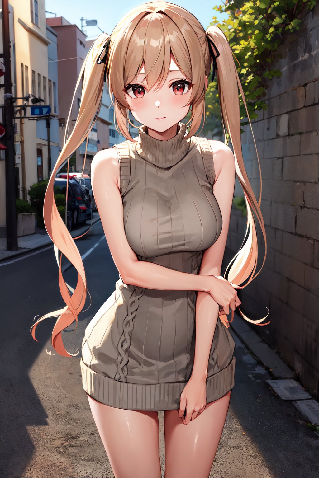 masterpiece, best quality, highres, aamurasa, long hair, twintails, <lora:murasame_v1:0.7>, sweater dress, virgin killer sweater, sleeveless, street, standing, cowboy shot