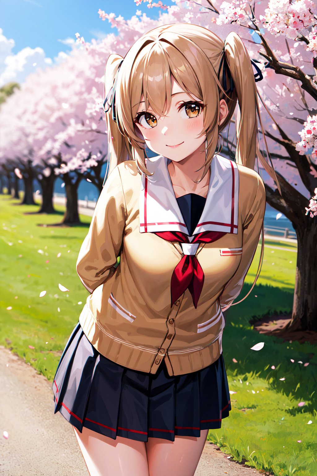 masterpiece, best quality, highres, aamurasa, long hair, twintails, school uniform, white sailor collar, red neckerchief, yellow cardigan, long sleeves, black skirt, pleated skirt, <lora:murasame_v1:0.7>, outdoors, cherry blossoms, smile, arms behind back, standing, leaning forward, smile, 