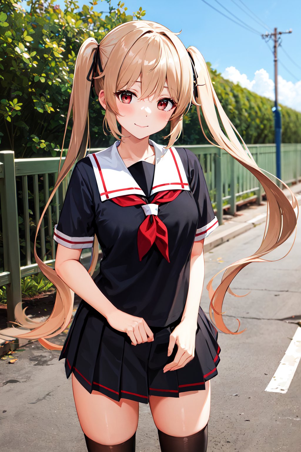 masterpiece, best quality, highres, aamurasa, long hair, twintails, school uniform, white sailor collar, red neckerchief, sailor shirt, black shirt, short sleeves, black skirt, pleated skirt, <lora:murasame_v1:0.7>, cowboy shot, standing smile, outdoors, straight-on,