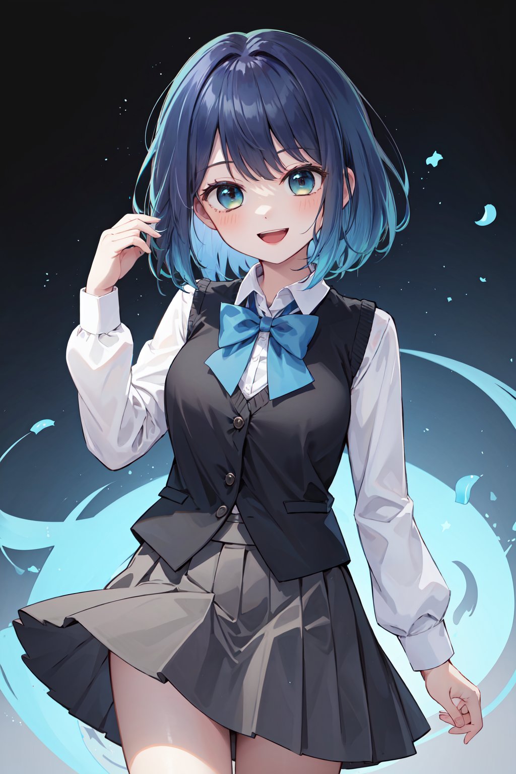 masterpiece, best quality, highres, hmakane, blue hair, short hair, gradient hair, medium breasts, blue bowtie, collared shirt, black vest, long sleeves, pleated skirt, grey skirt, <lora:kurokawa_akane_v1:0.7>, cowboy shot, smile, open mouth, 