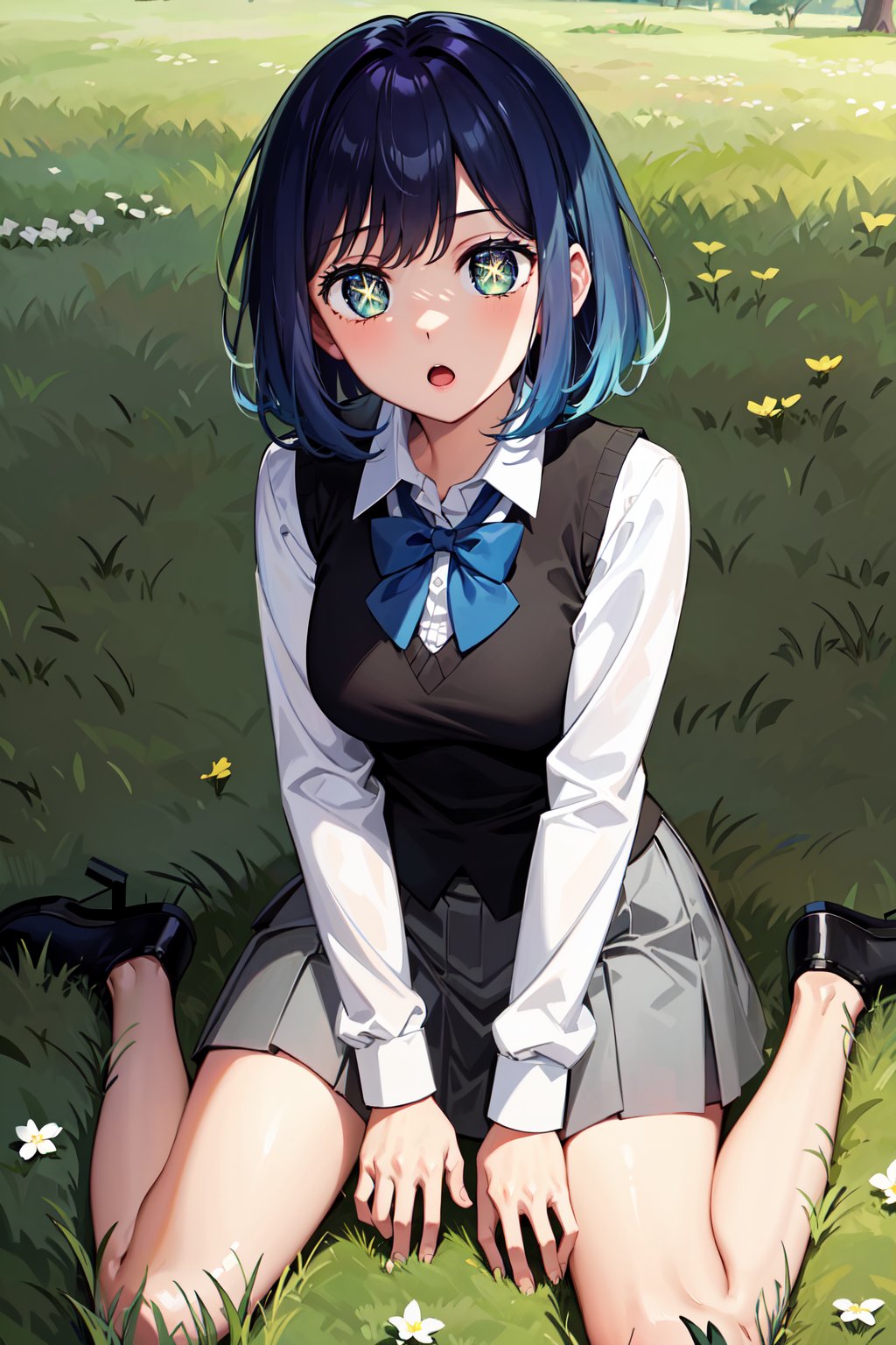 masterpiece, best quality, highres, 1girl, hmakane, blue hair, short hair, gradient hair, medium breasts, blue bowtie, collared shirt, black vest, long sleeves, pleated skirt, grey skirt, symbol-shaped pupils, <lora:kurokawa_akane_v1:0.8>, field, outdoors, grass, :o, wariza, hand between legs, 