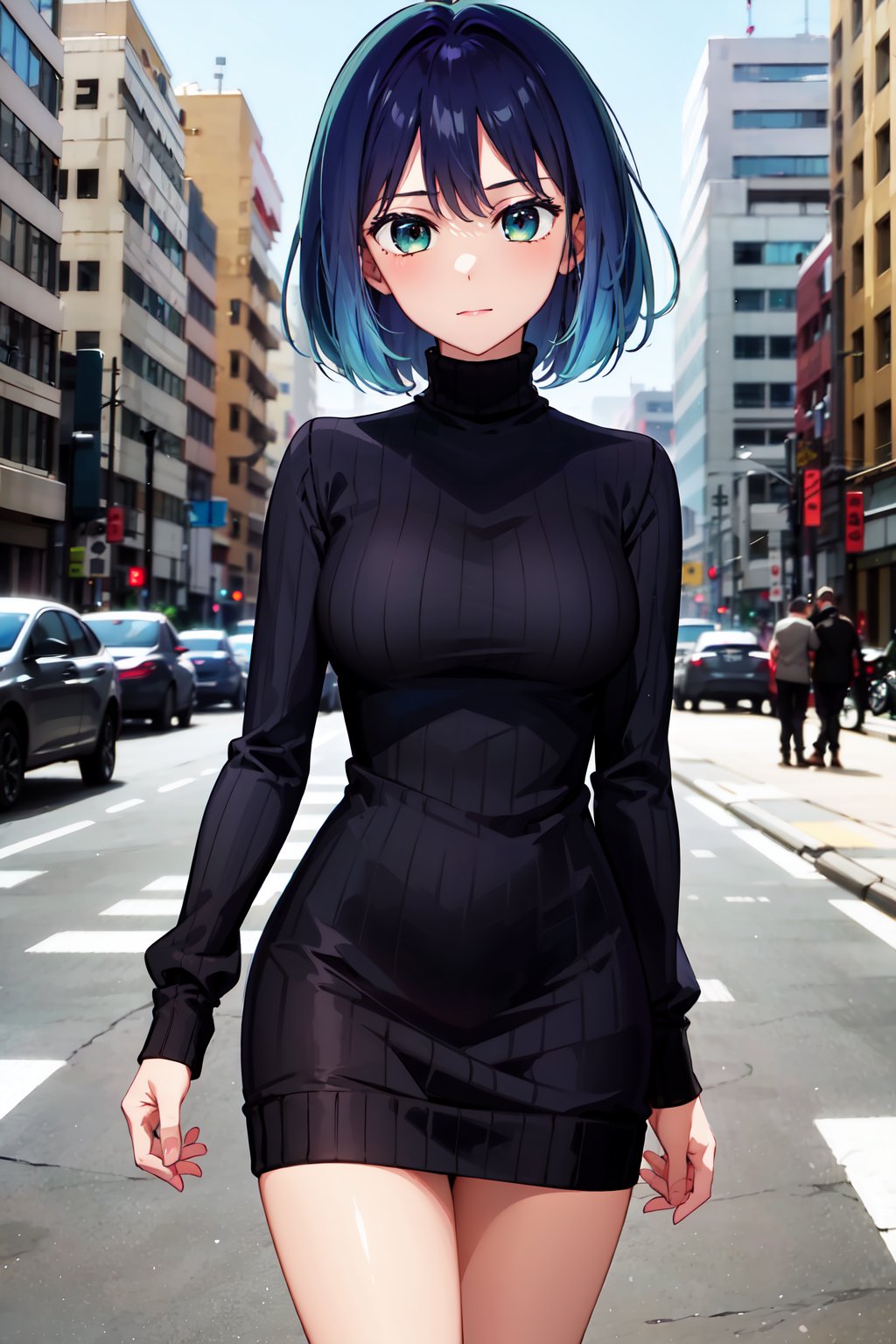 masterpiece, best quality, highres, 1girl, hmakane, blue hair, short hair, gradient hair, medium breasts, <lora:kurokawa_akane_v1:0.8>, sweater dress, turtleneck, virgin killer sweater, standing, cowboy shot, street, 