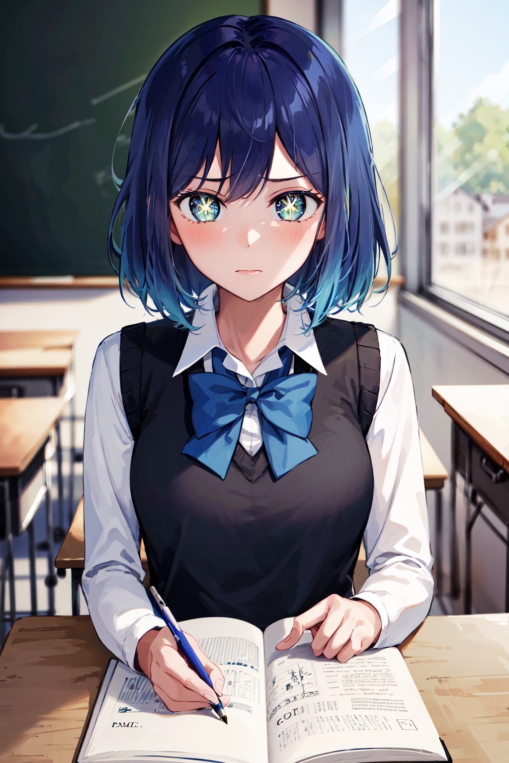 masterpiece, best quality, highres, 1girl, hmakane, blue hair, short hair, gradient hair, medium breasts, blue bowtie, collared shirt, black vest, long sleeves, symbol-shaped pupils, <lora:kurokawa_akane_v1:0.8>, sitting, classroom, serious, upper body, desk, book, pencil, 