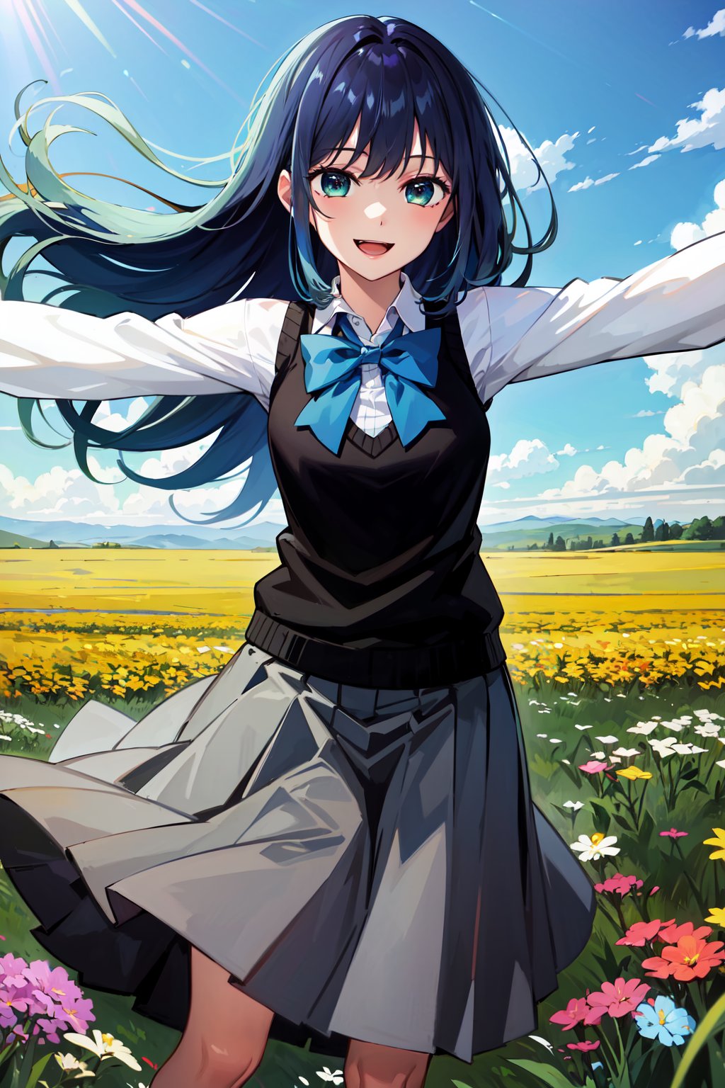 masterpiece, best quality, highres, 1girl, hmakane, blue hair, long hair, gradient hair, medium breasts, blue bowtie, collared shirt, black vest, long sleeves, pleated skirt, grey skirt, <lora:kurokawa_akane_v1:0.8>, outdoors, wind, field, smile, open mouth, outstretched arms, 