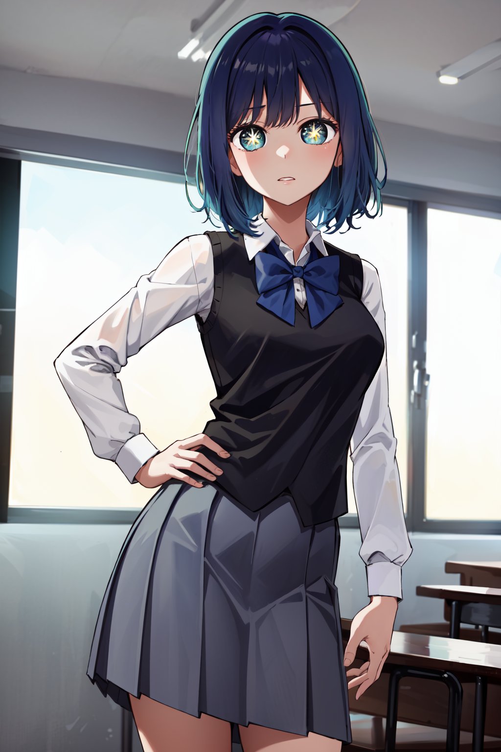 masterpiece, best quality, highres, 1girl, hmakane, blue hair, short hair, gradient hair, medium breasts, blue bowtie, collared shirt, black vest, long sleeves, pleated skirt, grey skirt, symbol-shaped pupils,  <lora:kurokawa_akane_v1:0.8>, standing, cowboy shot, classroom, hand on hip, 