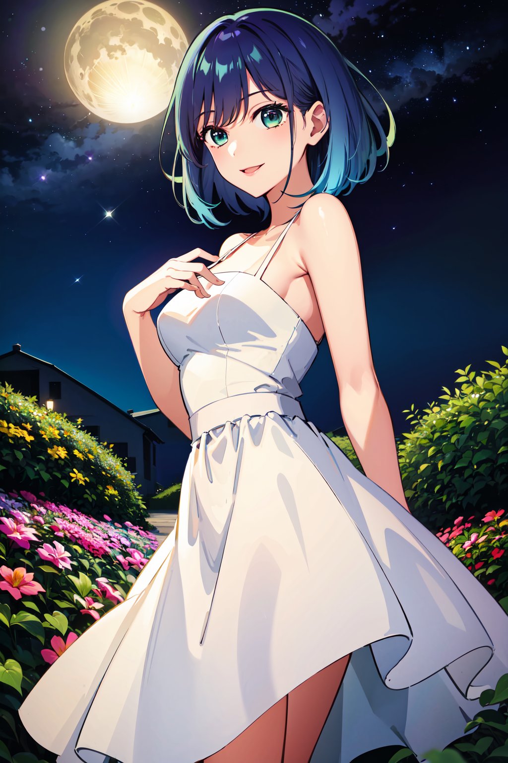 masterpiece, best quality, highres, 1girl, hmakane, blue hair, short hair, gradient hair, medium breasts, <lora:kurokawa_akane_v1:0.8>, white dress, garden, milky way, night, smile,