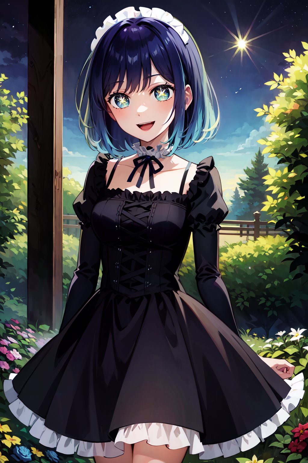 masterpiece, best quality, highres, hmakane, blue hair, short hair, gradient hair, medium breasts, symbol-shaped pupils, <lora:kurokawa_akane_v1:0.8>, cowboy shot, smile, open mouth, gothic, frilled dress, garden