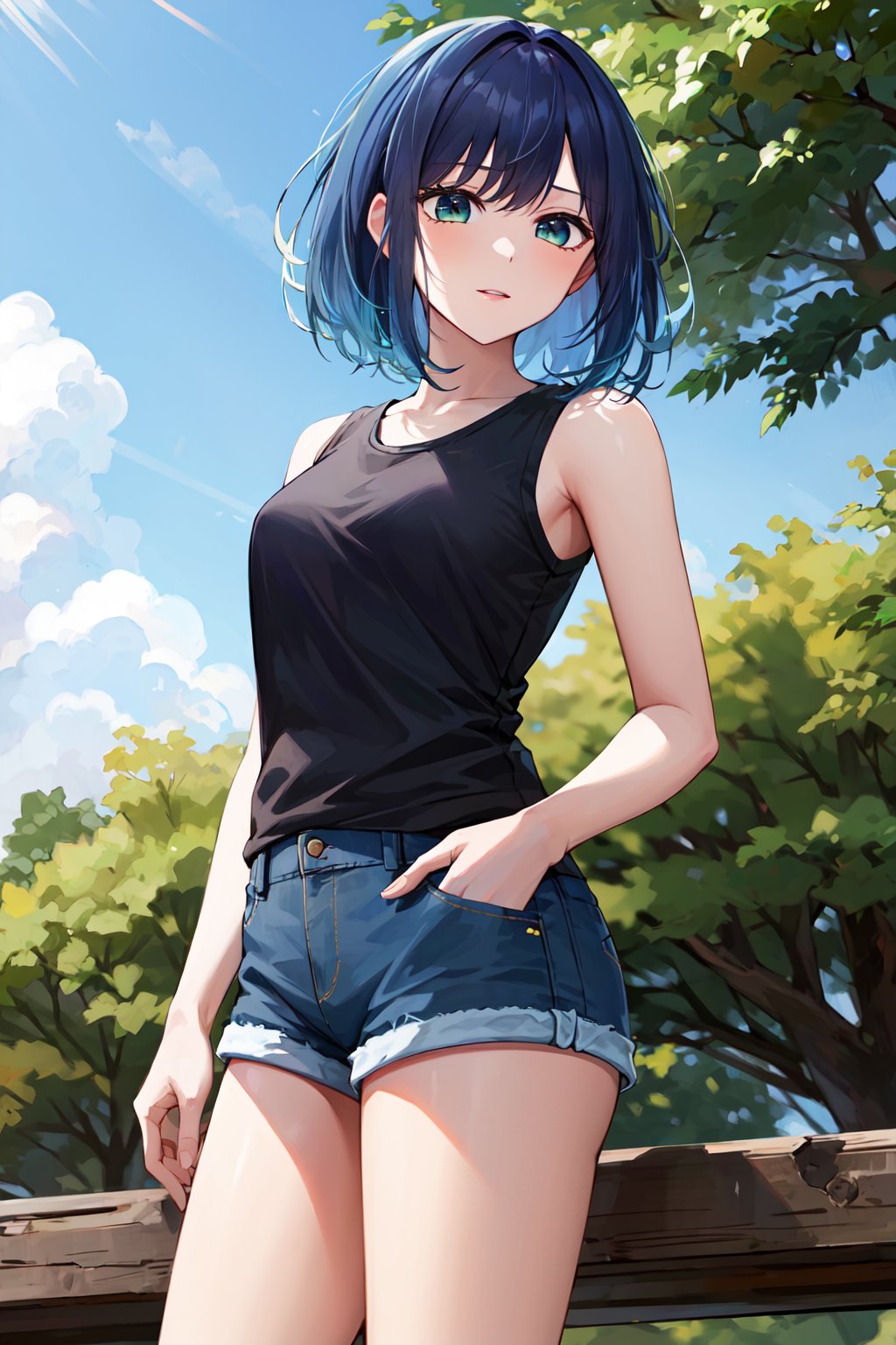 masterpiece, best quality, highres, blue hair, short hair, gradient hair, medium breasts,  <lora:kurokawa_akane_v1:0.8>, denim shorts, shirts, sleeveless, cowboy shot, standing, park,