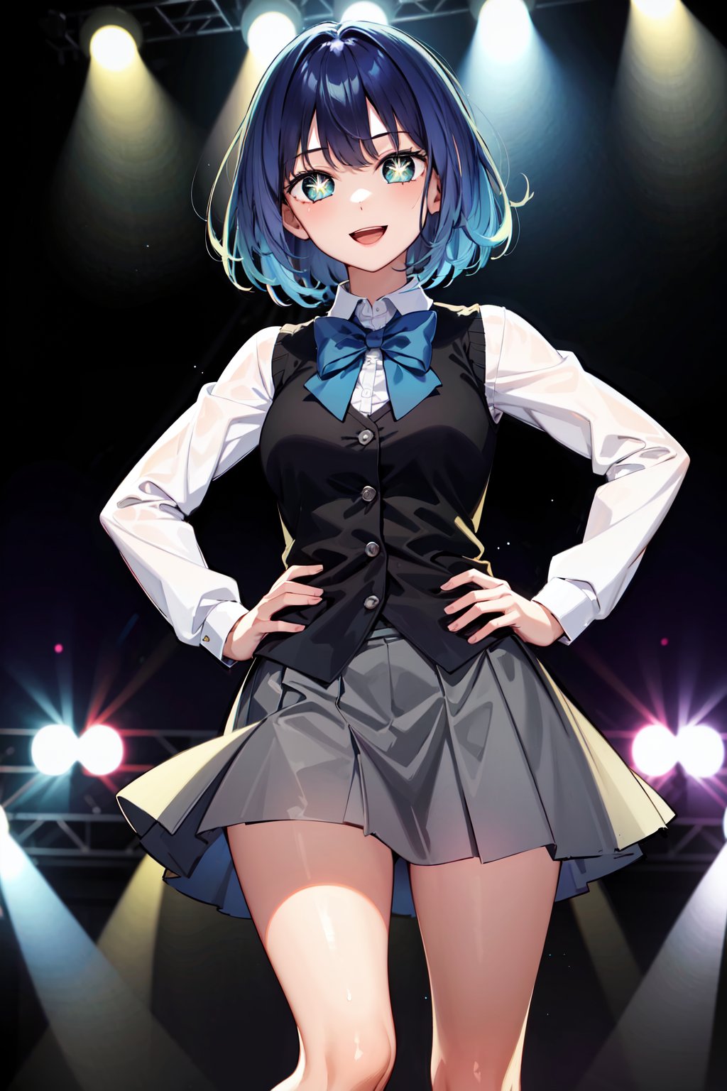 masterpiece, best quality, highres, 1girl, hmakane, blue hair, short hair, gradient hair, medium breasts, blue bowtie, collared shirt, black vest, long sleeves, pleated skirt, grey skirt, symbol-shaped pupils, <lora:kurokawa_akane_v1:0.8>, hand on hip, smile, open mouth, standing, stage