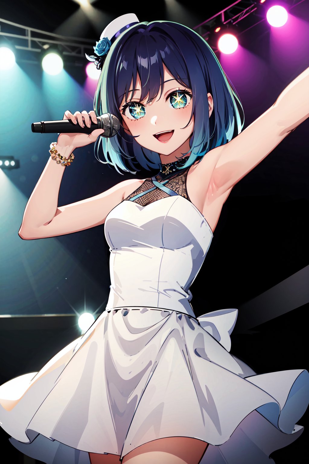 masterpiece, best quality, highres, 1girl, hmakane, blue hair, short hair, gradient hair, medium breasts, symbol-shaped pupils, <lora:kurokawa_akane_v1:0.8>, idol, dress, jewelry, hair ornament, mini hat, holding microphone, microphone, stage, open mouth, smile, singing, cowboy shot, outstretched arm,